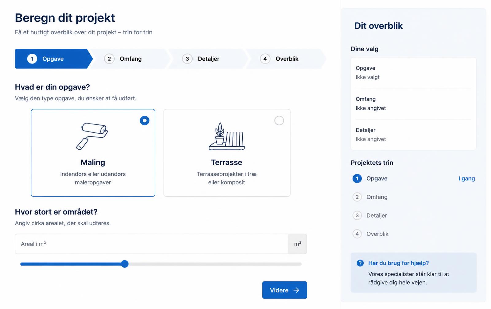Projektberegner med trinvis afdækning af opgave og omfang