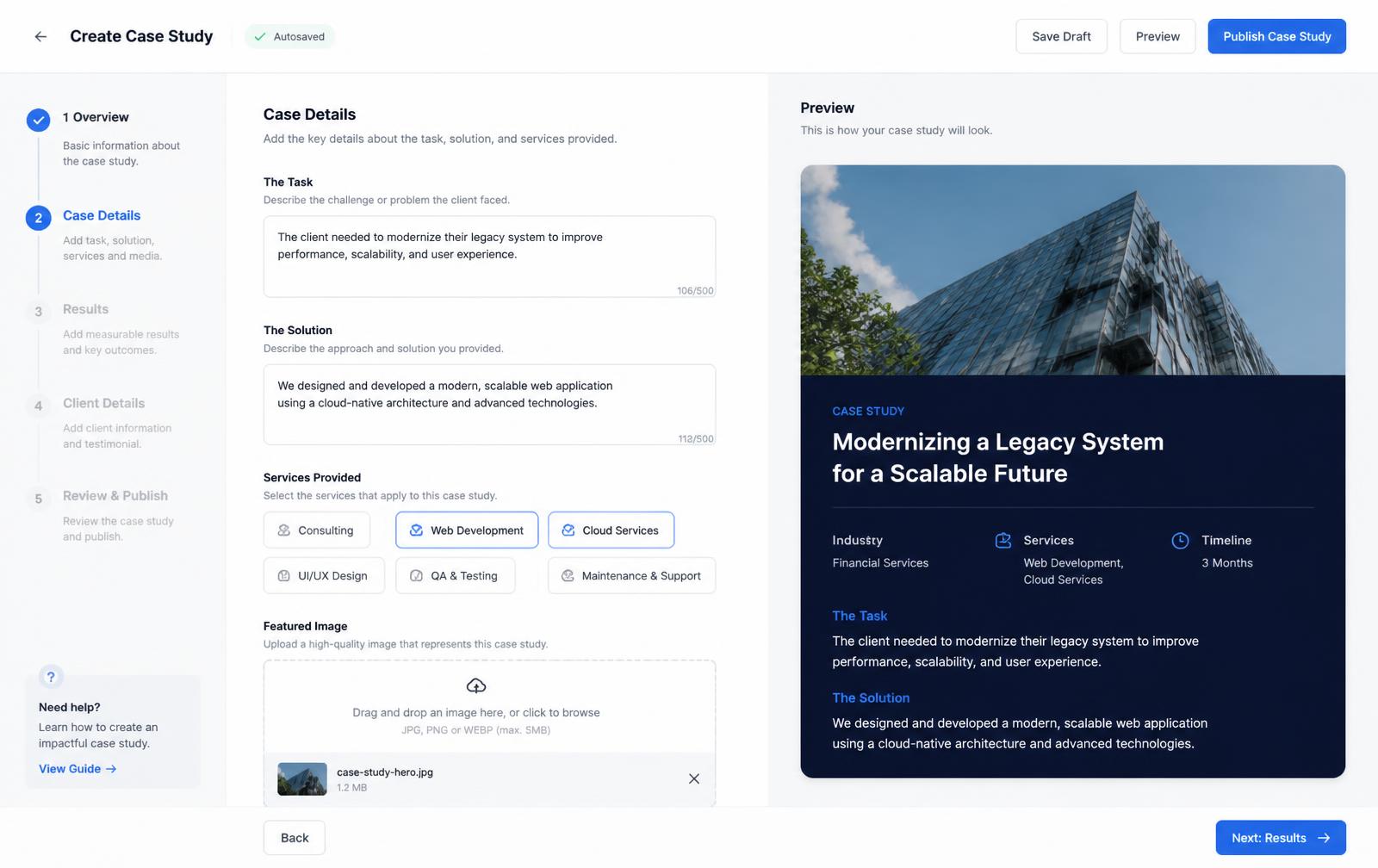 Case Creator med strukturerede felter og live forhåndsvisning