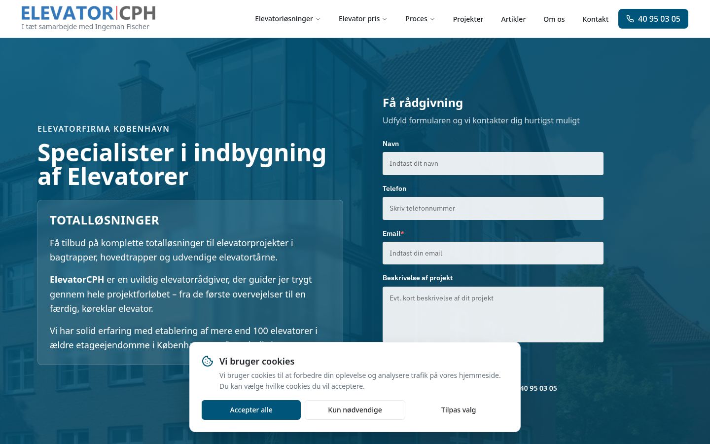 Skærmbillede af hjemmesiden for Elevator CPH