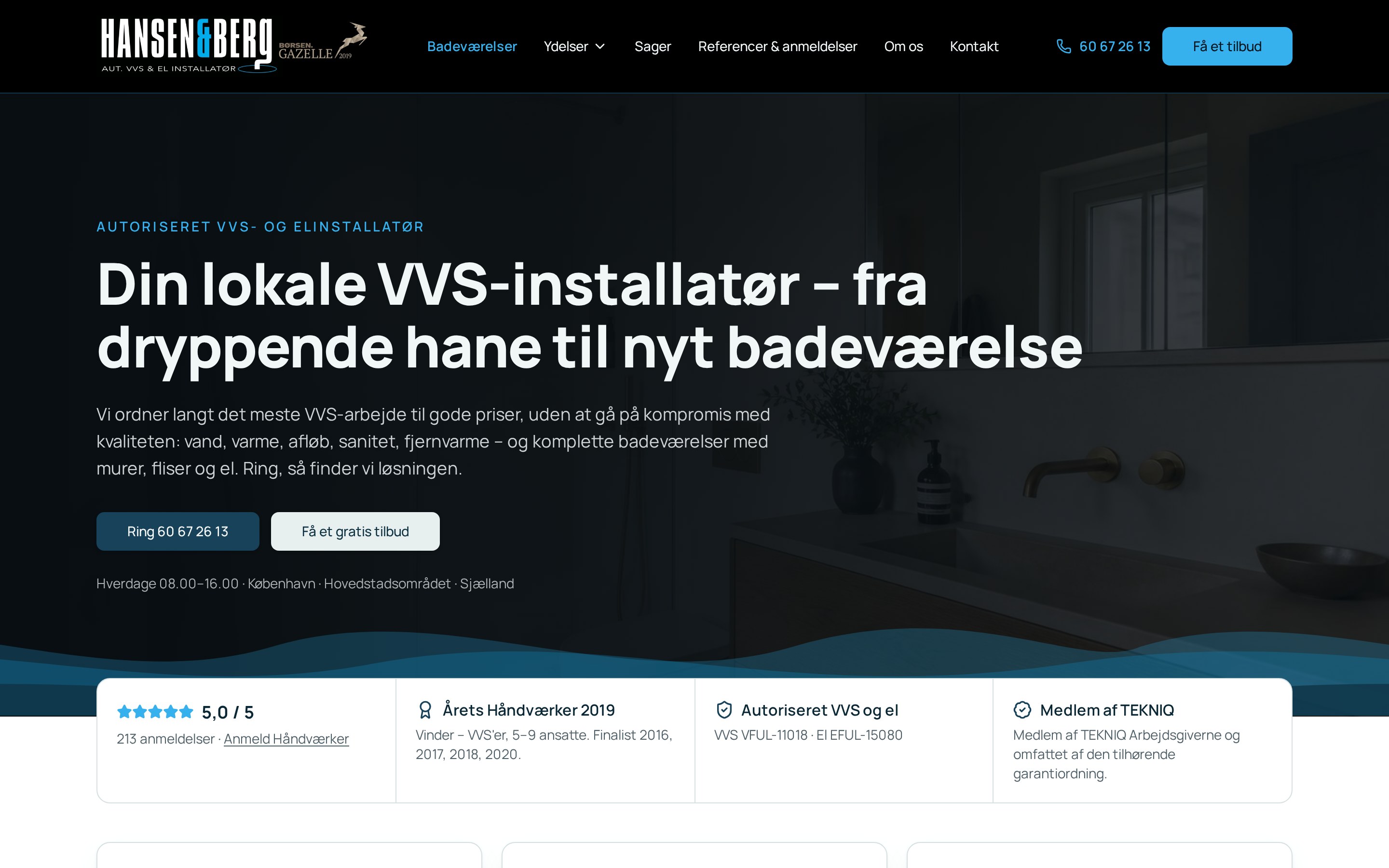 Screenshot af hjemmesiden for Hansen & Berg VVS