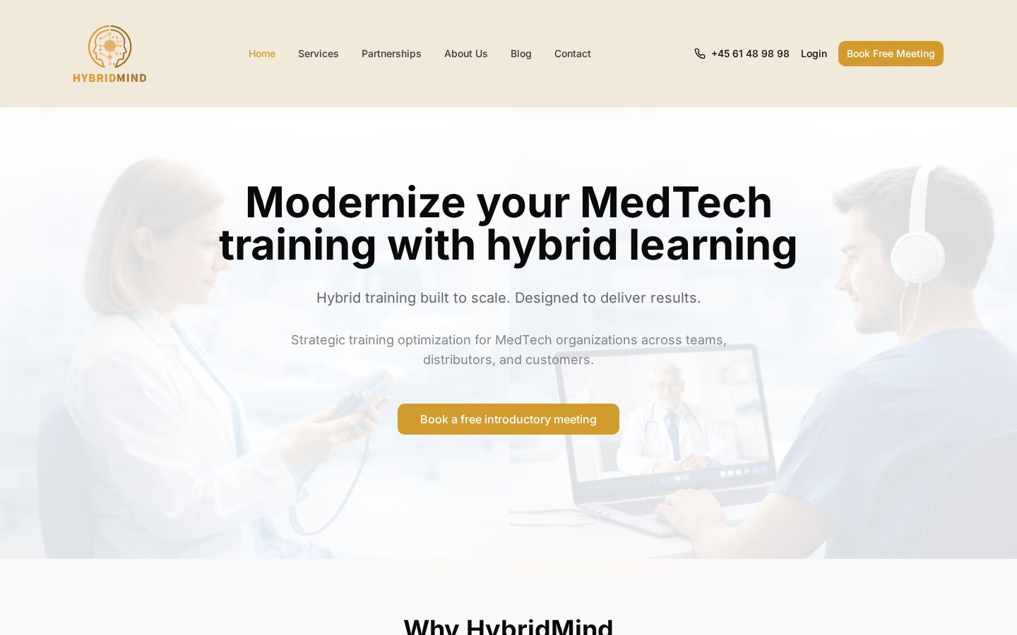 Skærmbillede af hjemmesiden for HybridMind