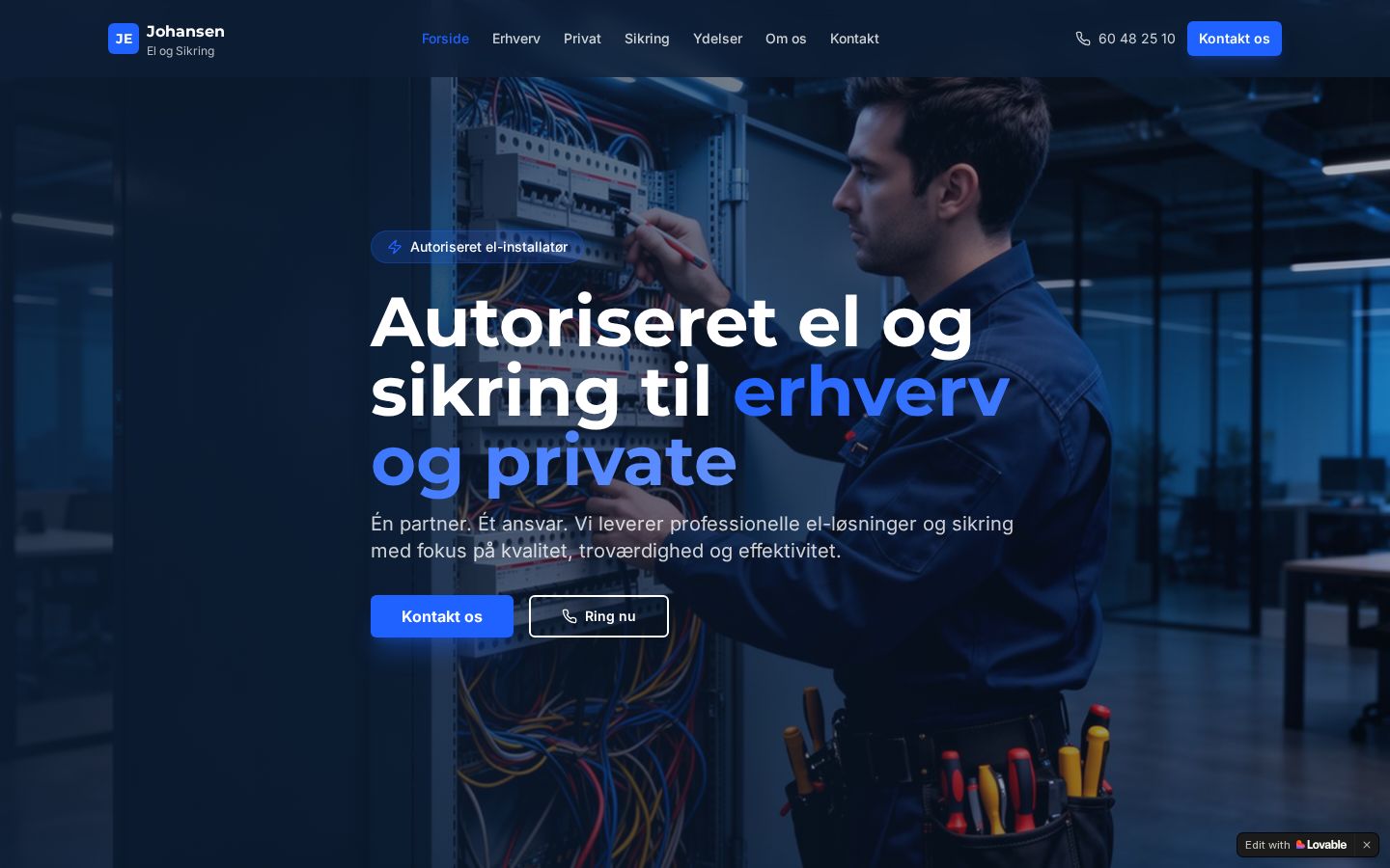 Skærmbillede af hjemmesiden for Johansen El og Sikring