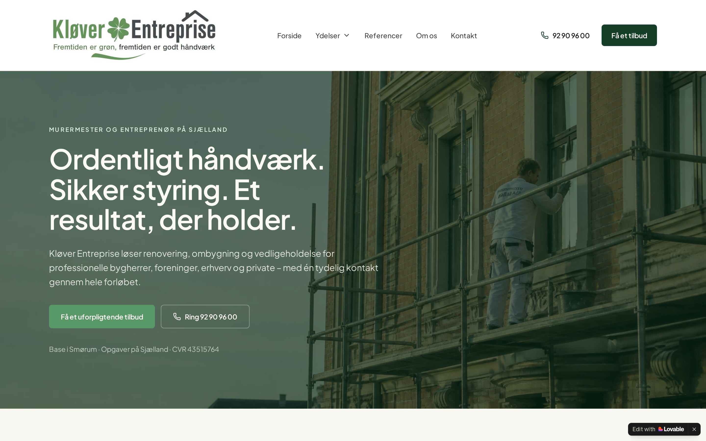 Screenshot af hjemmesiden for Kløver Entreprise